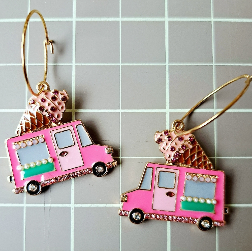 Cute Pink Enamel Jeweled Ice Cream Truck Gold Tone Hoop Earrings 1"